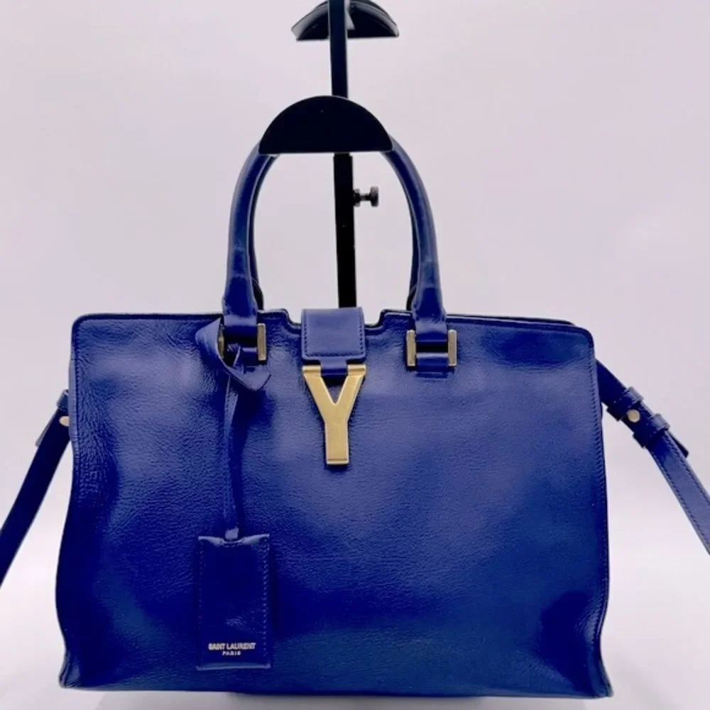 Auth Saint Laurent Small Classic Ligne Y Blue Leather Paris Chyc Cabas Tote 2way
